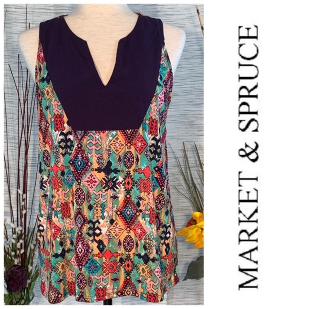 Market & Spruce multicolored “tribal” graphic sleeveless blouse.
